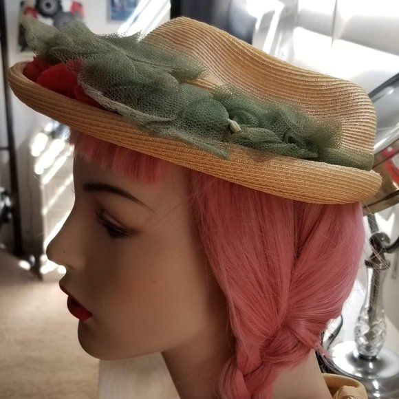 Vintage Silk/Straw Peek A Boo Hat-Flowers 1950s main image 5